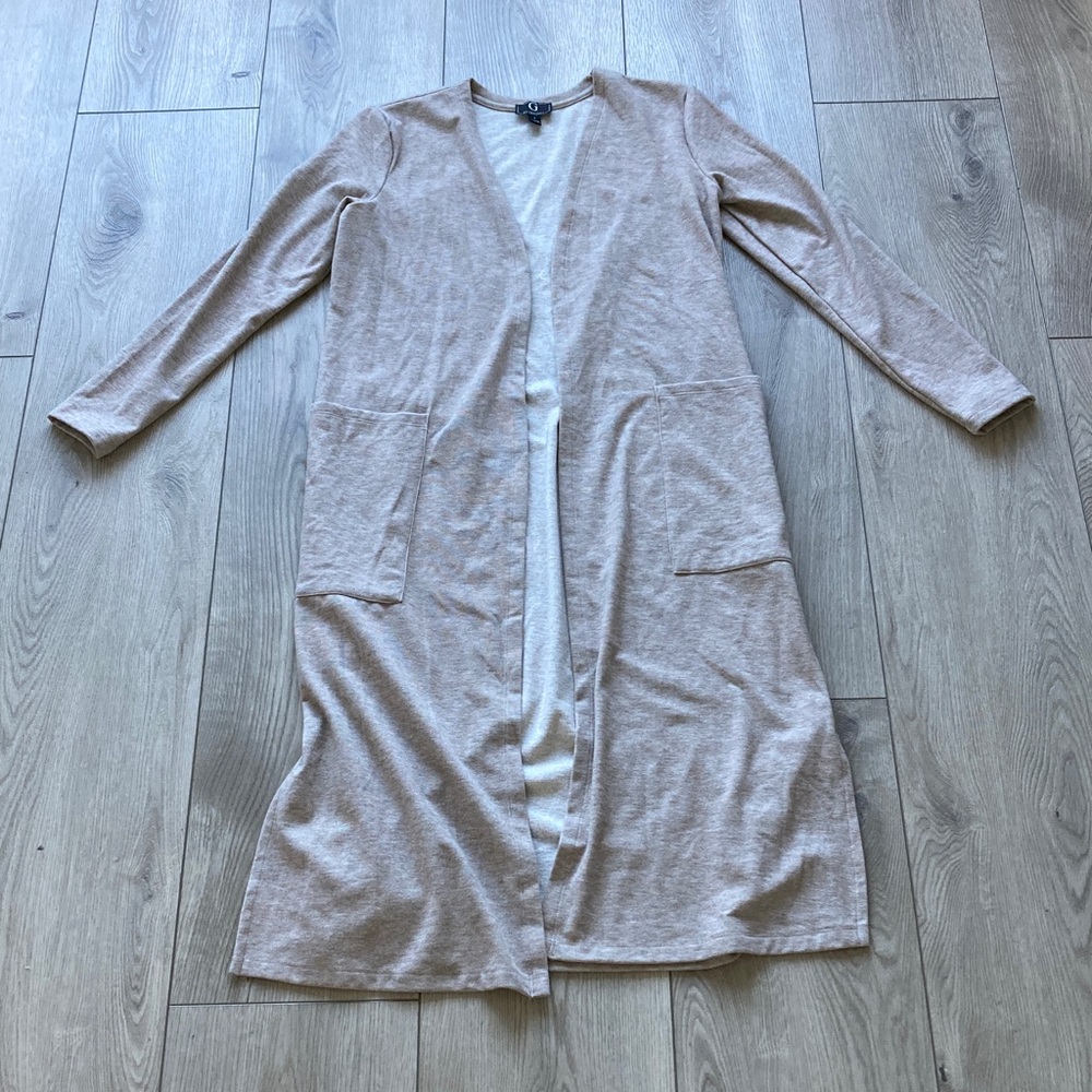 G by Giuliana Long Duster Cardigan Open Sweater Womens Small Tan Cream Fall Warm